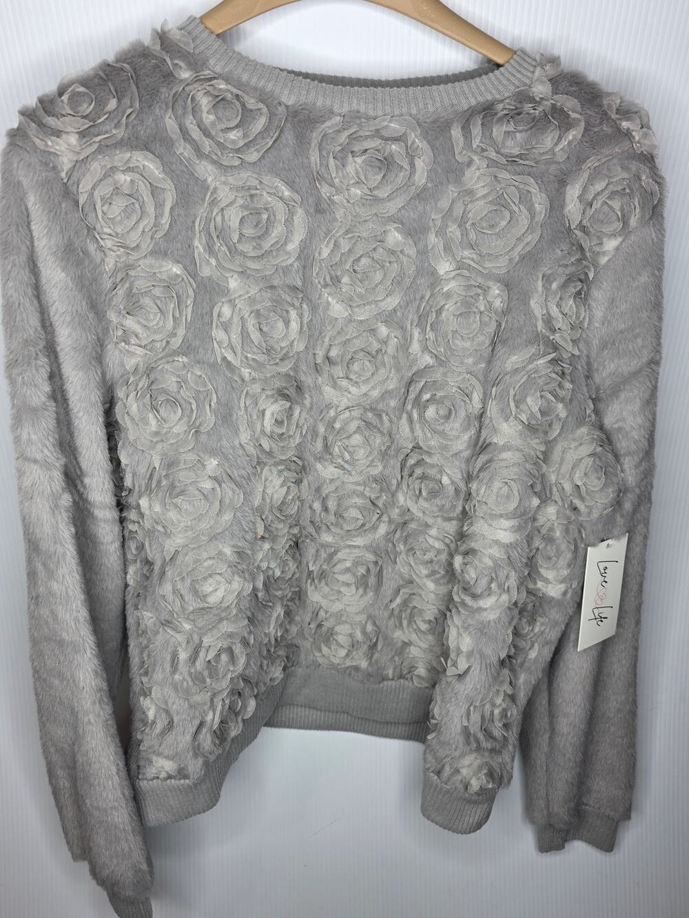 NWT Love Life Size L Gray Faux Fur Rose Applique Textured Pullover Cottagecore